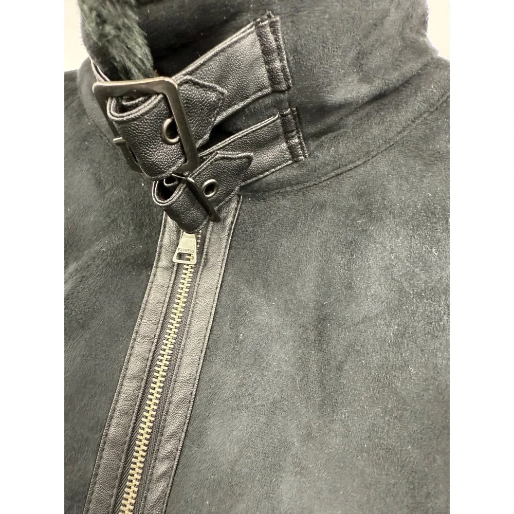 EXPRESS Black Faux Suede‎ Fur Lined Moto Jacket Womens Size Large